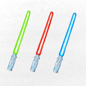 May include: Three colorful lightsabers: green, red, and blue. Each saber features a silver hilt with detailed mechanical designs. The blades are bright and vibrant, set against a textured white background.