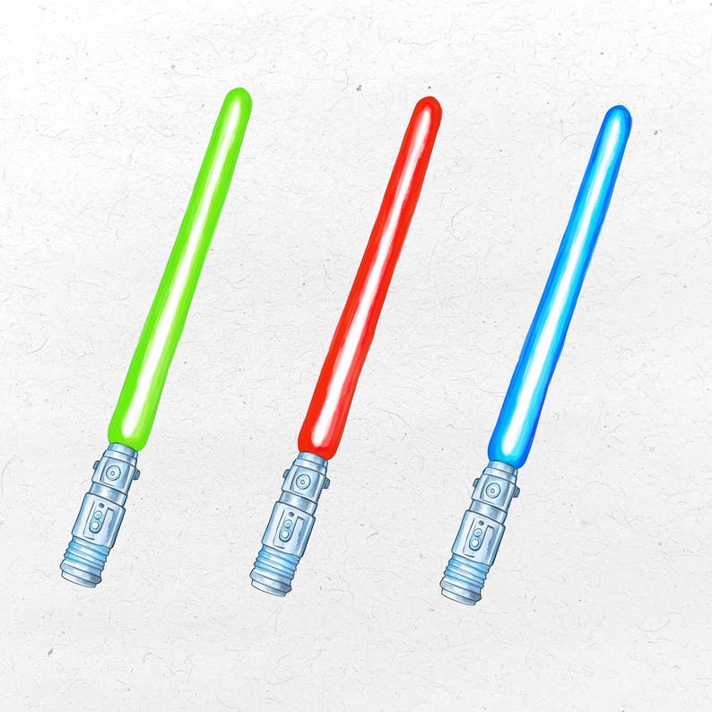May include: Three colorful lightsabers: green, red, and blue. Each saber features a silver hilt with detailed mechanical designs. The blades are bright and vibrant, set against a textured white background.