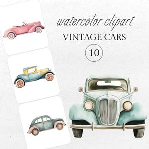 May include: A set of 10 watercolor clipart images of vintage cars. The cars are in various colors, including blue, pink, and yellow. The cars are all in a classic style, with rounded edges and chrome accents. Watercolor clipart vintage cars.