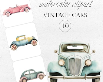 Vintage Car Watercolor Clipart: Retro Automobile PNG (Digital Download)