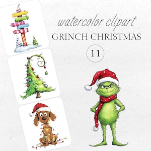 Conjunto de imágenes prediseñadas de acuarela de Navidad de Grinch, casas de pueblo de Whoville PNG, árbol de Navidad torcido, fondo transparente, uso comercial