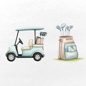 K&ouml;nnte beinhalten: Aquarell-Illustration eines Golfwagens und einer Golftasche. Der Golfwagen ist hellblau mit einem beigen Sitz und einem schwarzen Lenkrad. Die Golftasche ist beige und hellblau, mit Golfschl&auml;gern.