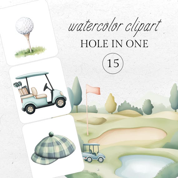 Watercolor Golf Clipart Set: Golf Cart, Clubs, Flags (Digital Download