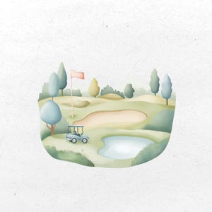 K&ouml;nnte beinhalten: Aquarellillustration einer Golfplatzszene. Das Bild zeigt einen hellblauen Golfwagen, eine rosa Fahne, eine Sandfalle und einen kleinen Teich. Der Platz ist von gr&uuml;nem Gras und B&auml;umen umgeben.