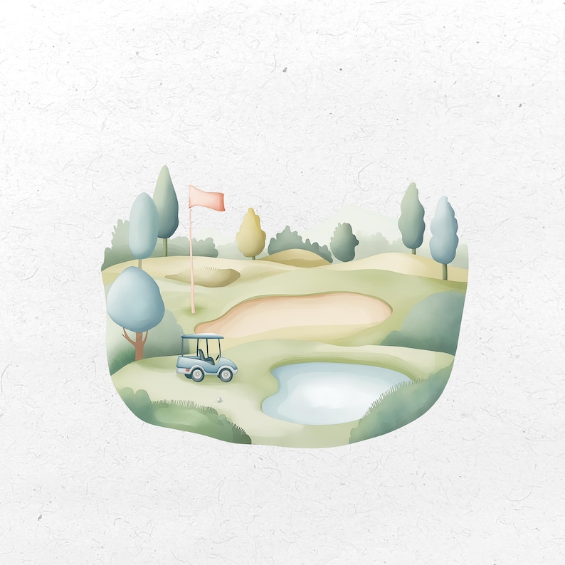 K&ouml;nnte beinhalten: Aquarellillustration einer Golfplatzszene. Das Bild zeigt einen hellblauen Golfwagen, eine rosa Fahne, eine Sandfalle und einen kleinen Teich. Der Platz ist von gr&uuml;nem Gras und B&auml;umen umgeben.