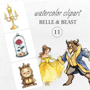 Ensemble de cliparts La Belle et la bête - PNGs de la Belle bête, illustrations aquarelles de contes de fées, décoration de fête princesse, oeuvre d'art pour chambre d'enfant, téléchargement immédiat