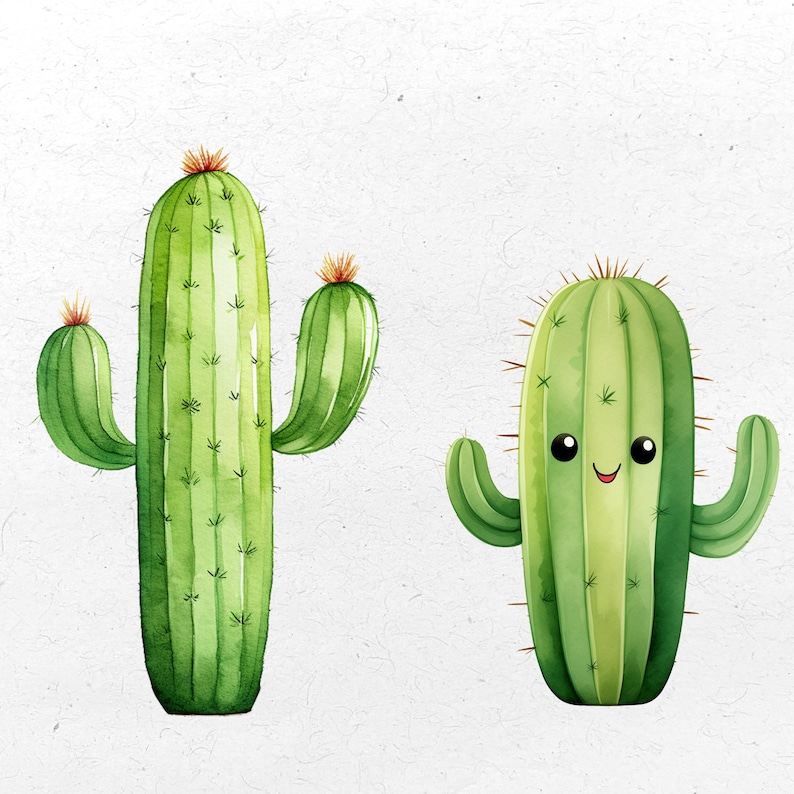 Puede incluir: Dos ilustraciones de acuarela de cactus. El cactus de la izquierda es verde con un cuerpo alto y delgado y varios brazos. El cactus de la derecha es verde con un cuerpo m&aacute;s corto y redondo y dos brazos. Tiene una cara sonriente con ojos grandes.