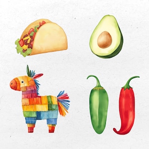 Puede incluir: Un conjunto de cinco ilustraciones coloridas que representan un taco, un aguacate, un chile jalape&ntilde;o verde, un chile rojo y una pi&ntilde;ata colorida con forma de burro.