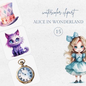 Pacchetto di clipart PNG con acquerello di Alice nel Paese delle Meraviglie, grafica con acquerello di Alice Cappellaio Matto Coniglio Bianco e Gatto del Cheshire per la festa del tè, uso commerciale
