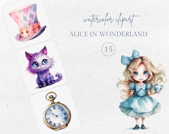 Watercolor Alice in Wonderland Clipart: Mad Hatter, Cheshire Cat (PNG Digital Download)