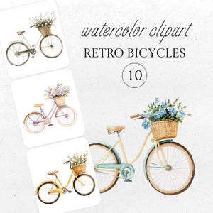 Clip art di fiori di bici retrò, acquerello di bici vintage, biciclette retrò, invito di nozze, pianificatore, adesivo, download immediato, uso commerciale