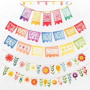 Puede incluir: Una colorida hilera de banderas de papel con intrincados dise&ntilde;os recortados. Las banderas son de varios tonos de rojo, naranja, amarillo, verde, azul y morado. Las banderas est&aacute;n enhebradas con una cuerda blanca y cuelgan de un fondo blanco.
