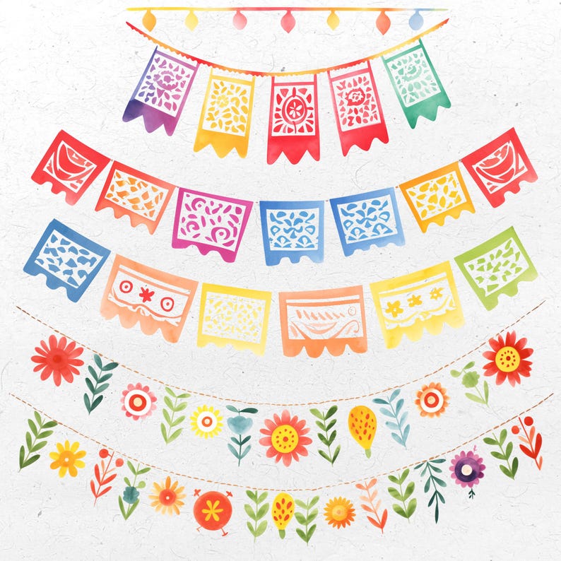 Puede incluir: Una colorida hilera de banderas de papel con intrincados dise&ntilde;os recortados. Las banderas son de varios tonos de rojo, naranja, amarillo, verde, azul y morado. Las banderas est&aacute;n enhebradas con una cuerda blanca y cuelgan de un fondo blanco.