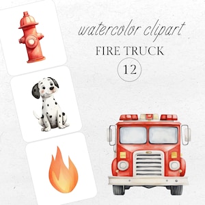 Fire Truck Watercolor Clipart: Firefighter PNG Graphics (Digital Download)