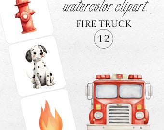 Fire Truck Watercolor Clipart: Firefighter PNG Graphics (Digital Download)