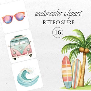 Rétro surf plage aquarelle Clipart PNG en téléchargement numérique | Clipart Van de surf plage pastel | Clipart Un anniversaire de Surf's Up