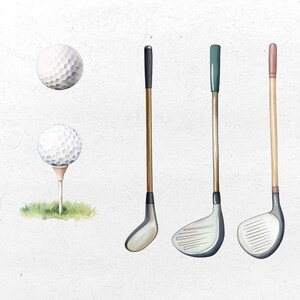 K&ouml;nnte beinhalten: Aquarell-Illustration von Golfausr&uuml;stung. Dargestellt sind zwei wei&szlig;e Golfb&auml;lle, einer auf einem Tee, und drei Golfschl&auml;ger mit Holzsch&auml;ften und silbernen Schl&auml;gerk&ouml;pfen. Die Griffe der Schl&auml;ger sind schwarz, gr&uuml;n und rosa.
