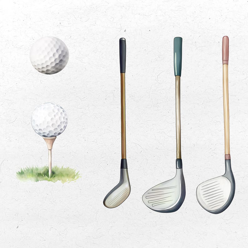K&ouml;nnte beinhalten: Aquarell-Illustration von Golfausr&uuml;stung. Dargestellt sind zwei wei&szlig;e Golfb&auml;lle, einer auf einem Tee, und drei Golfschl&auml;ger mit Holzsch&auml;ften und silbernen Schl&auml;gerk&ouml;pfen. Die Griffe der Schl&auml;ger sind schwarz, gr&uuml;n und rosa.