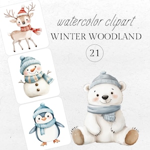 Clipart aquarelle hiver forêt neige, illustrations d'animaux de la forêt en hiver, usage commercial art - faire-parts fête d'enfants, art de chambre d'enfant