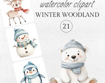 Winter Waldtiere Aquarell Clipart: Schneeszene (Digital Download)