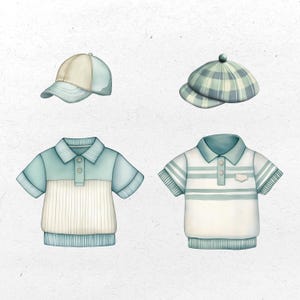 K&ouml;nnte beinhalten: Aquarell-Illustration von Kinderkleidung, darunter zwei Poloshirts und zwei H&uuml;te. Die Hemden sind hellblau und wei&szlig;, mit gestreiften und einfarbigen Designs. Die H&uuml;te sind eine Baseballkappe und eine karierte Kappe in passenden Farben.