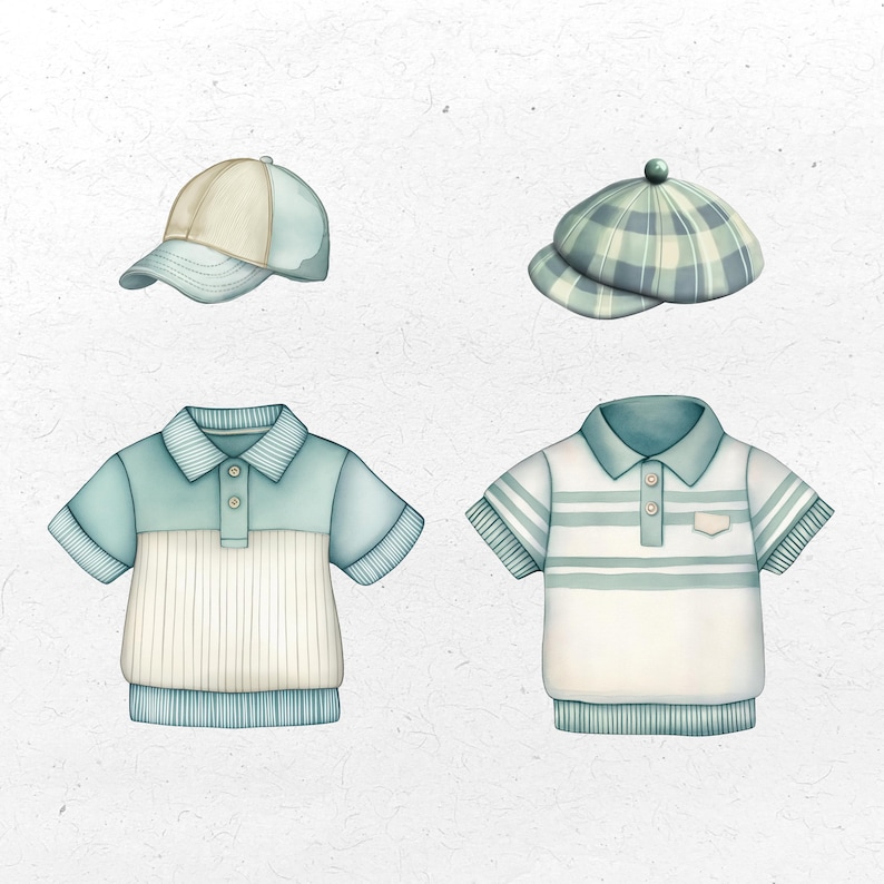 K&ouml;nnte beinhalten: Aquarell-Illustration von Kinderkleidung, darunter zwei Poloshirts und zwei H&uuml;te. Die Hemden sind hellblau und wei&szlig;, mit gestreiften und einfarbigen Designs. Die H&uuml;te sind eine Baseballkappe und eine karierte Kappe in passenden Farben.