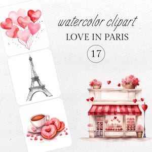 Acuarela París Clipart, Dulces, Café, Torre Eiffel, Viajes, Francia, Amor PNG, Vintage, Día de San Valentín, Romántico, Descarga instantánea PNG
