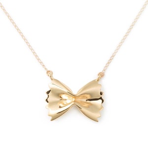 Farfalle Pasta Necklace, Yellow Gold Plated by Delicacies Jewelry every purchase helps fight hunger food jewelry, gift for her image 1