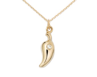 Chili Pepper Necklace, 14K Gold + Diamond by Delicacies Jewelry - every purchase helps fight hunger! (foodie gift, food jewelry)