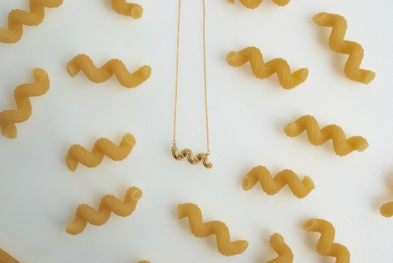 Cellentani Pasta Necklace, Yellow Gold Plated by Delicacies Jewelry every purchase helps fight hunger Foodie gift, Food jewelry image 3