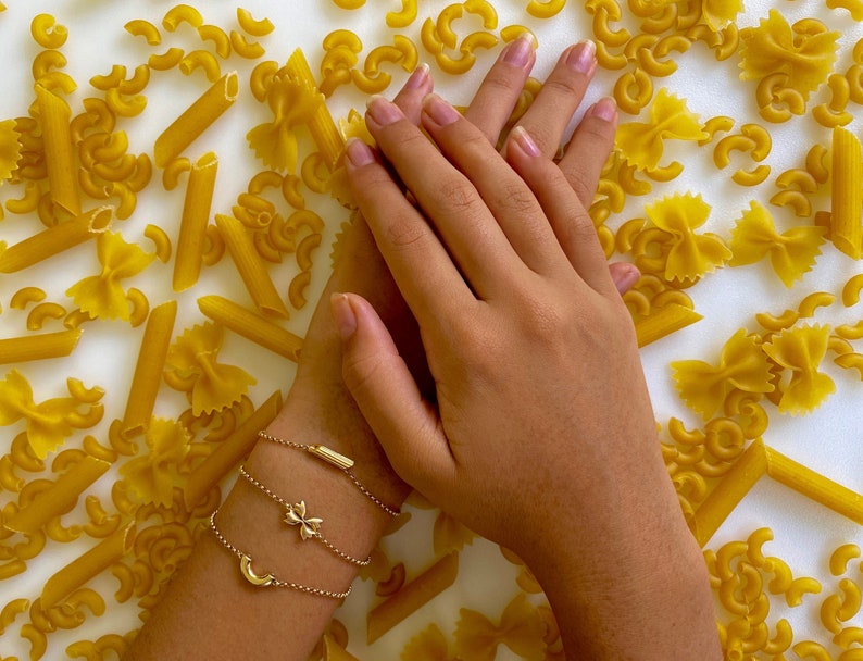 Mini Penne Pasta Bracelet, Yellow Gold Plated, by Delicacies Jewelry every purchase helps fight hunger food jewelry, foodie gift image 3