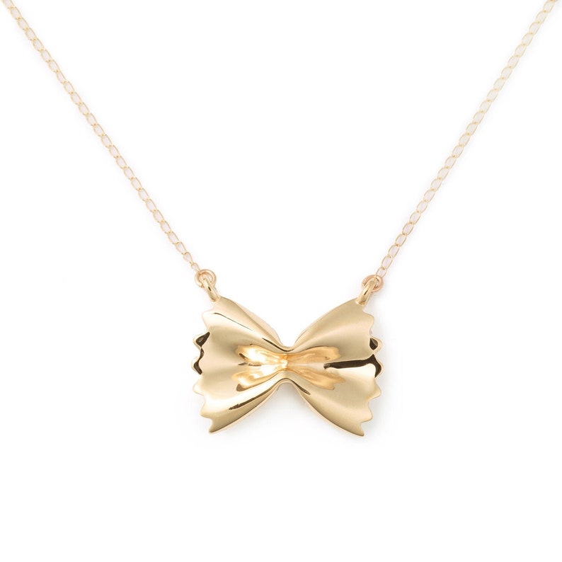 Farfalle Pasta Necklace, Yellow Gold Plated by Delicacies Jewelry every purchase helps fight hunger food jewelry, gift for her image 1