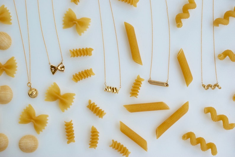 Farfalle Pasta Necklace, Yellow Gold Plated by Delicacies Jewelry every purchase helps fight hunger food jewelry, gift for her image 8