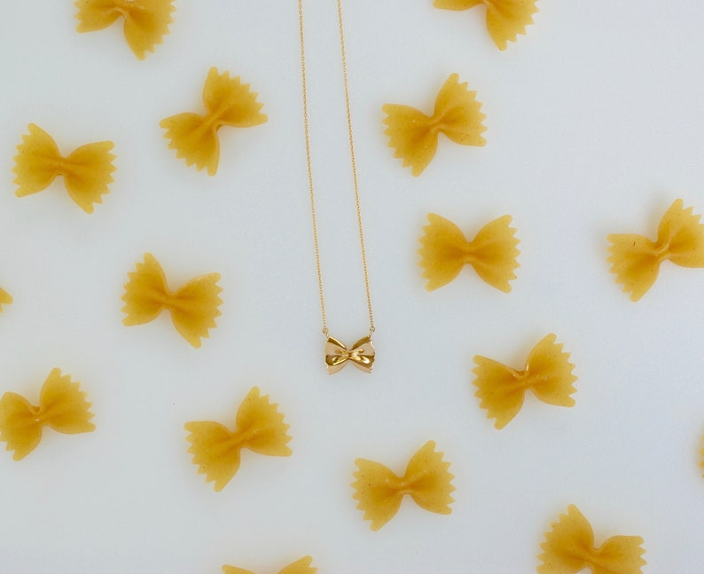 Farfalle Pasta Necklace, Yellow Gold Plated by Delicacies Jewelry every purchase helps fight hunger food jewelry, gift for her image 3