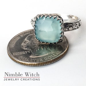 Aqua Chalcedony ring and ring sets. Natural blue gemstone in a sterling silver vintage style setting, custom made by artisan to any size image 5