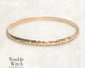 Gold bangle bracelet in vintage style flourish and scroll pattern, 14K  gold fill. Custom made to size. Free shipping.