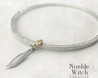 Bangle set in silver and gold with feather charm. Choice of single or set, custom made by artisan. Free shipping