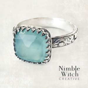Aqua chalcedony gemstone ring in a vintage style. Sterling silver with aqua blue gemstone ring, custom made to order by artisan to any size.