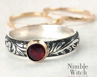 Natural Garnet ring in gold and silver. Custom made by artisan in any size. Large sizes at no extra charge. January birthstone gift.