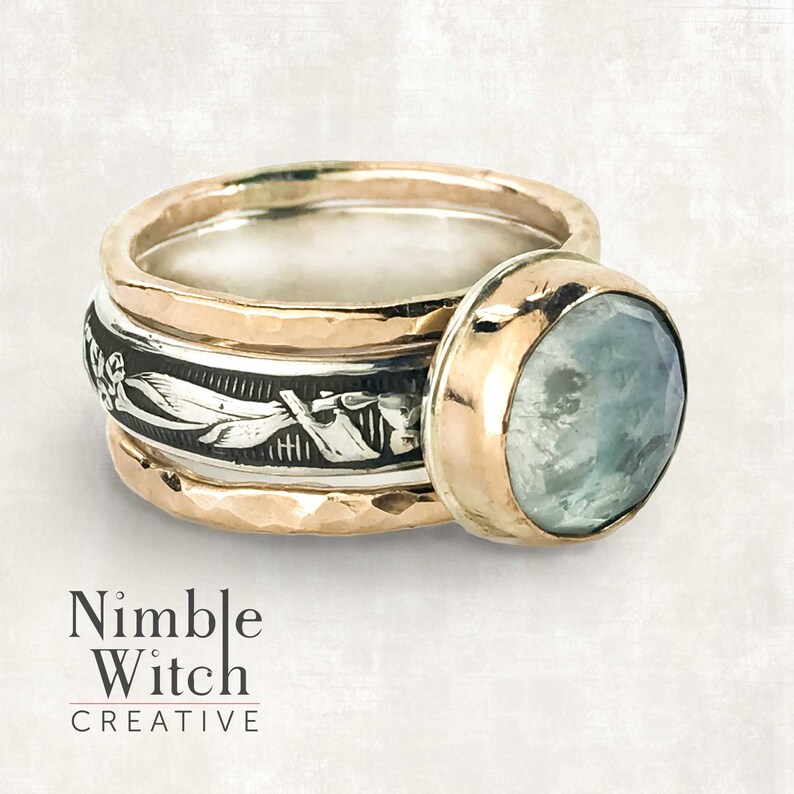 Conjunto de 3 anillos Rainbow Moonstone en oro y plata de estilo vintage. Hecho a medida a cualquier tamaño por artesano. Tallas grandes, sin extras imagen 2