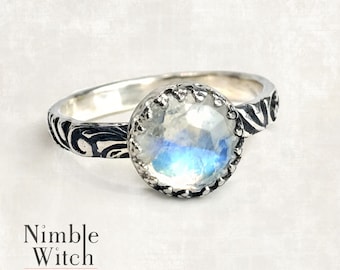 Rainbow Moonstone ring in a sterling silver vintage style setting, a faceted gemstone perfect for engagement or gift. Custom made to size.