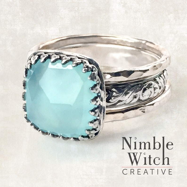 Aqua Chalcedony ring and ring sets. Natural blue gemstone in a sterling silver vintage style setting, custom made by artisan to any size image 2