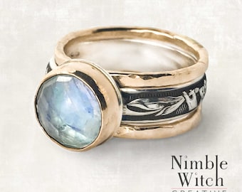 Rainbow Moonstone 3-ring set in vintage style gold and silver. custom made to any size by artisan. Larges sizes, no extra!