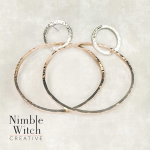 Large mixed metal hoop earrings in gold and sterling silver, boho style statement hoops, handmade by artisan, free shipping