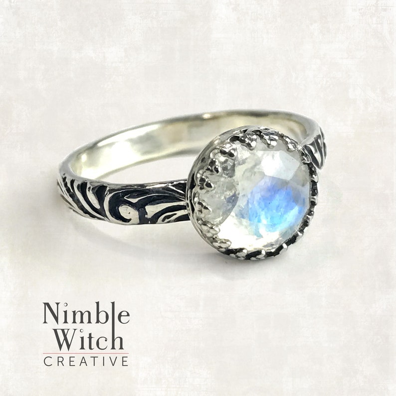 Rainbow Moonstone ring in a sterling silver vintage style setting, a faceted gemstone perfect for engagement or gift. Custom made to size. image 3