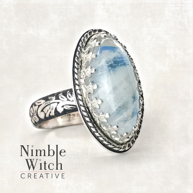 Rainbow moonstone ring Custom made to size. marquise cut gemstone in vintage style sterling silver