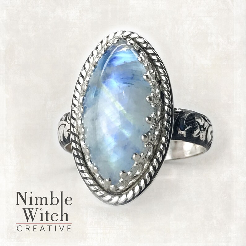 Rainbow moonstone ring Custom made to size. marquise cut gemstone in vintage style sterling silver