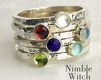 Birthstone stackable rings in sterling silver with 12 choices of natural gemstone.  Custom made to order all sizes, Mothers ring, birthday.