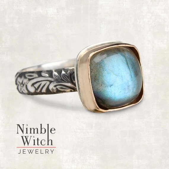 Labradorite cushion cut ring in gold and silver vintage style. Mixed metal design, patterned band, made to order, larges sizes at no charge.