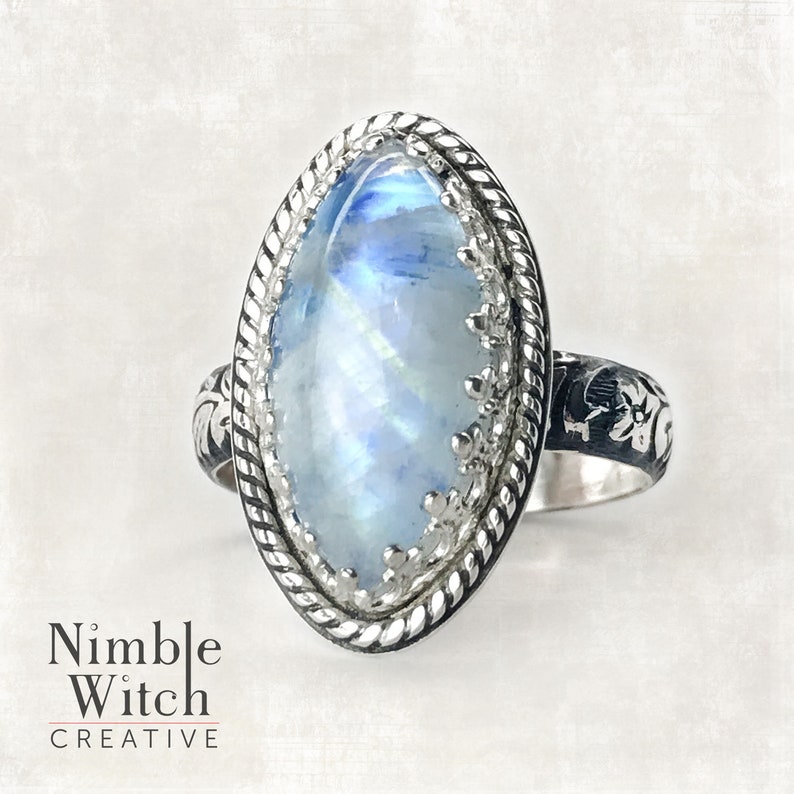 Rainbow moonstone ring Custom made to size. marquise cut gemstone in vintage style sterling silver